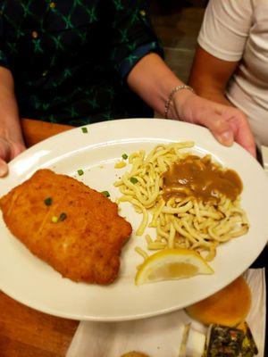 Stuffed Schnitzel- with Ham and Cheese served with Spaetzle and Red Cabbage.