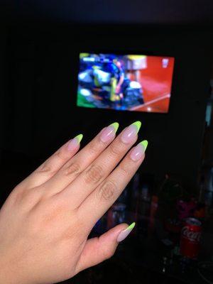 Neon yellow french tip w/ almond shape