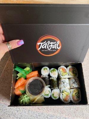 A beautiful box of Sushi! That is first class Tai Fai, and food is always amazing!