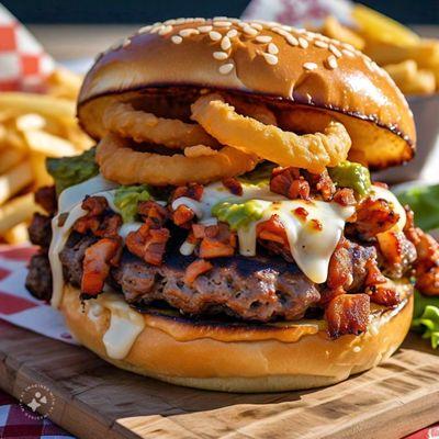 Burger al pastor with queso and onion rings !!