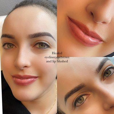 Healed make up eyebrows powdered, top bottom liner and lip tint