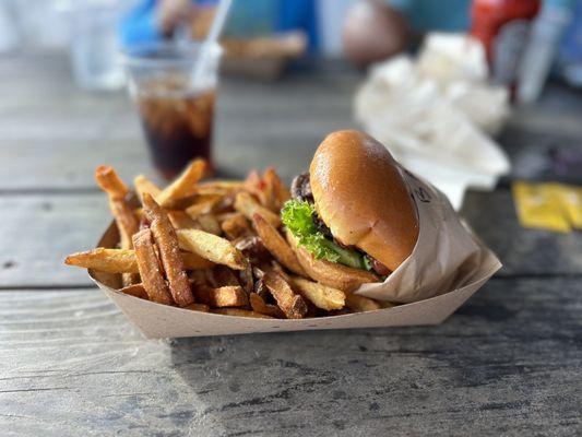 Delicious burger & generous portion of fries!