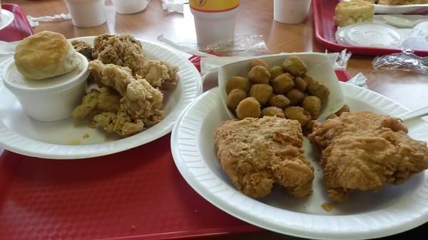 2 piece chicken with side of fried okra and side of half liver and gizzards