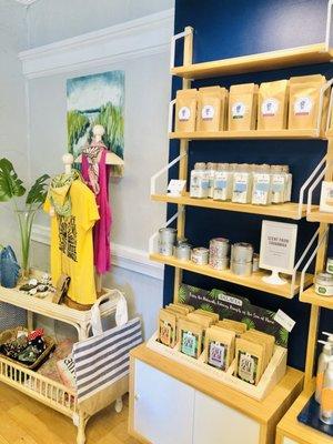 We carry a selection of casual lifestyle brands along with skincare and candles we make right here in Savannah