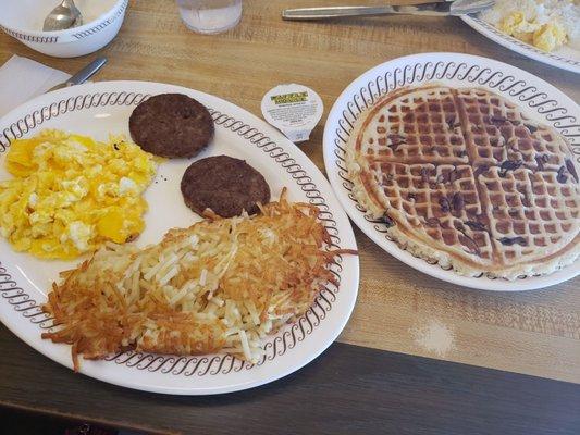 Pecan waffle, hashbrowns, scrambled eggs w/cheese and sausage patties