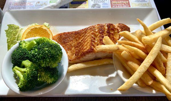 Broiled Salmon with broccoli and fries