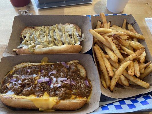 Chili cheese dog, Seattle dog, fries