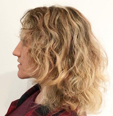 Shag haircut on curly hair with a dimensional color ...all by Christina Culinski