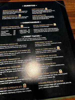 Burrito, Chimis, and tacos menu