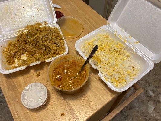 Chicken biryani, Masala chicken and Saffron rice.