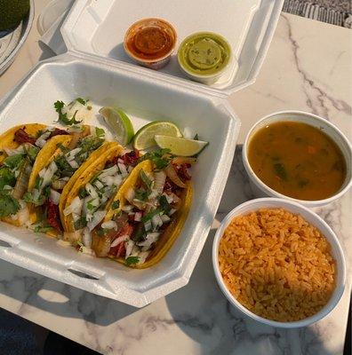 Trompo tacos with rice and beans. All delicious