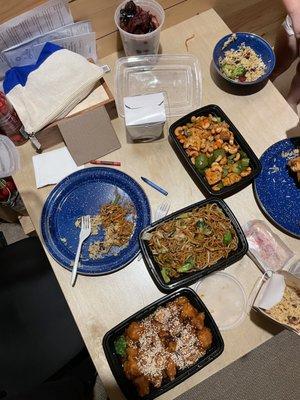 Lo mein, sesame chicken, some spicy chicken cashew dish that we switched to tofu, fried rice, boneless spare ribs