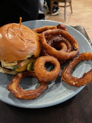 Southwest burger with onion rings