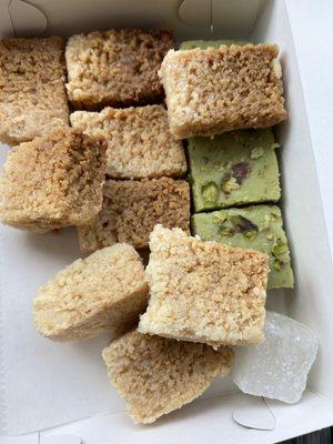 Indian sweets (mithai) - pistachio burfi, and milk cake $13 a lb.