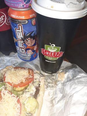 The Steak sub with Sheetz Coffee , Two of my favorite G-Fuel the Sheetz and Strawberry lychee,  and a pop to drink.