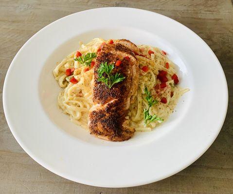 Cajun Pasta with Blackened salmon. Available with chicken-shrimp- vegetable