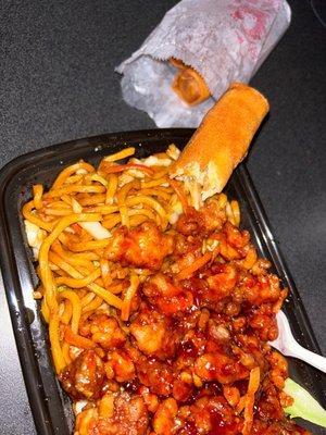 Orange chicken with lo mein & spring rolls!  10/10