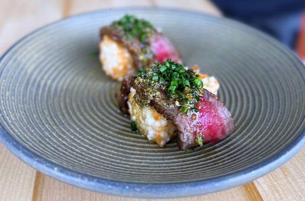 Toasted Coconut Fritter w/ wagyu beef, pickled green peppercorn | 2 pc - $14 (MUST ORDER!)