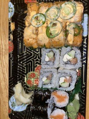 Takeout (Left to right) salmon roll, Philly roll, Raleigh roll.    Forgive me, I ate half before I remembered to take a photo :).