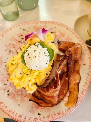 Scrambled eggs and cheese Avocado Toast and side of bacon