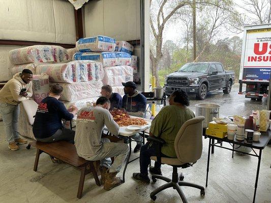 Some of our staff having a lobster boil on a rainy day