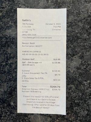 Receipt for 4 gift cards.
 $264.79