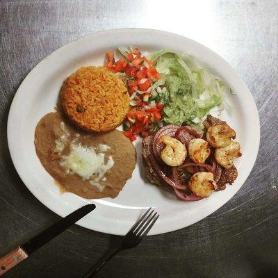 12 Oz Rib-eye with shrimps...rice...beans...salad...tortillas...