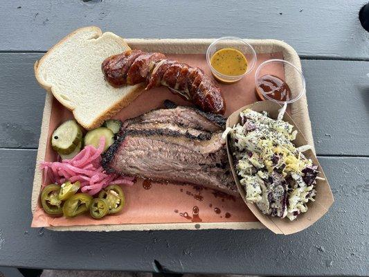 Brisket, sausage, slaw