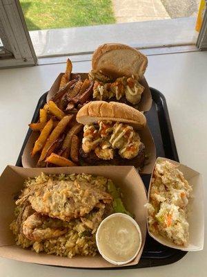 Soft Shell Crab, Beef Tenderloin and Fried Oyster Sandwich, Lobster-Shrimp-Crab Cake with Fried Oysters Sandwich...