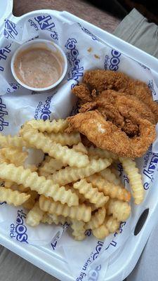 Delicious chicken fingers, fries, & foo sauce!