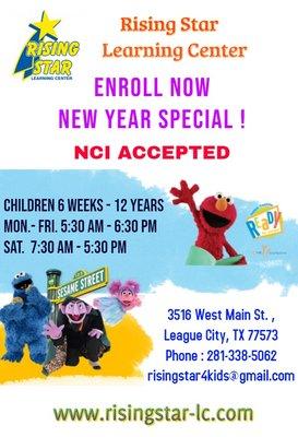 Enrollment Discount @ Rising Star Learning Center. Highly Recommended.  Receive one time $100 credit upon enrollment (after 1st 6 months).