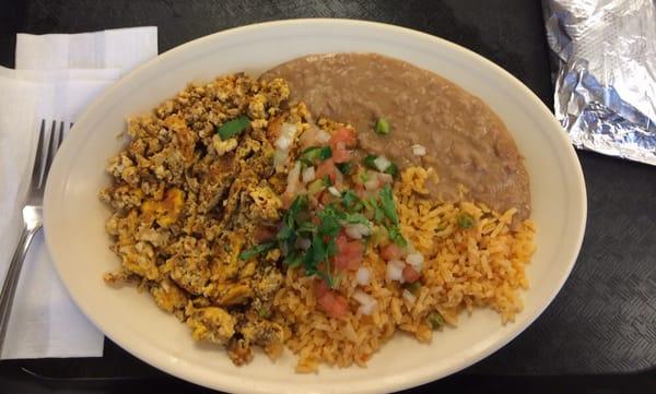 Chorizo and egg breakfast plate.