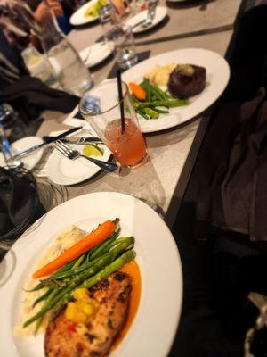 Chicken, mashed potatoes, and asparagus Filet mignon steak Drink: Mocktail