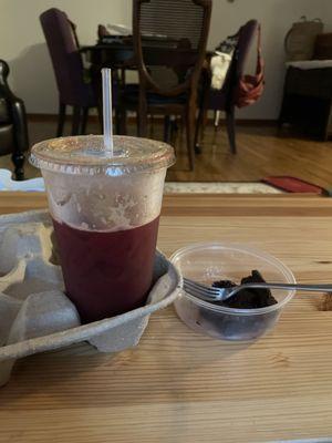 Gluten-Free Vegan Black Bean Brownies (delicious) and 24 oz. Veggie Juice (served over ice) (fresher than fresh)