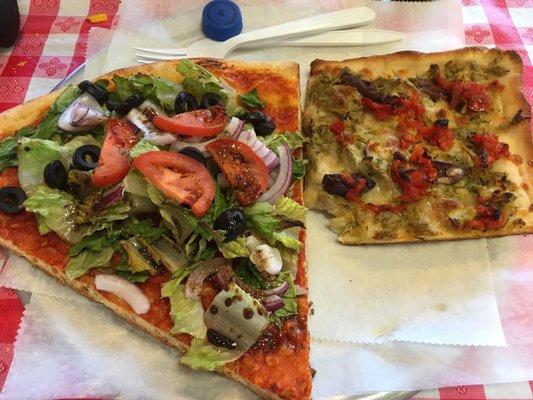 My two favorite slices of pizza. Artichoke, sun-dried tomatoes with olives. Then salad pizza with awesome dressing!