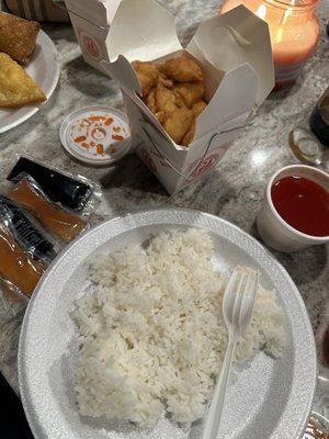 Sweet & sour chicken, shrimp eggroll, and crab rangoons