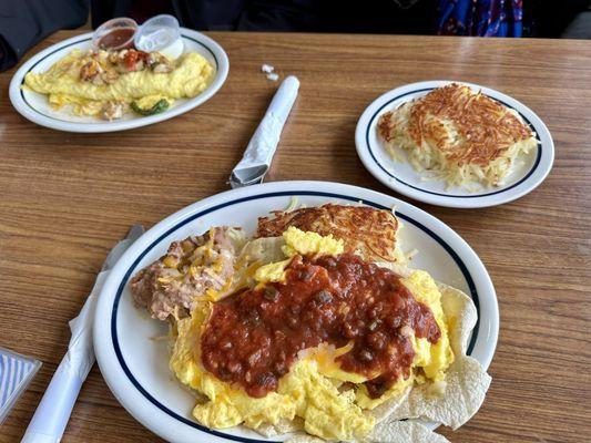 Chilaquiles and parents got fajita omelette