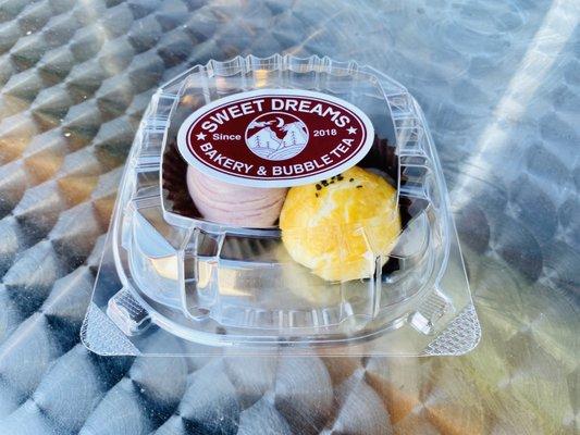 Two pastries (mooncakes, taro and red bean with egg custard)