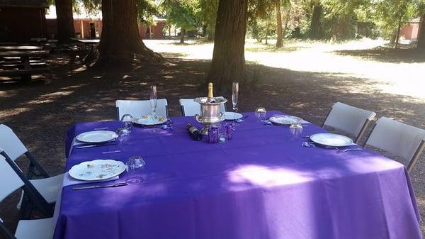 We rented the tablecloths, plates, napkins, cups, and flatware from Alexis Party Rental.