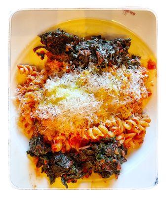 Danielle's fresh fusilli and my tomato sauce plus Swiss Chard.