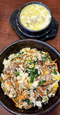 Bibimbap and mushroom tofu soup combo