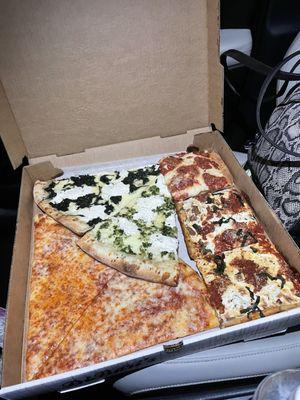 White spinach, White broccoli, Grandma, Sicilian Cheese Pizza, plain slices