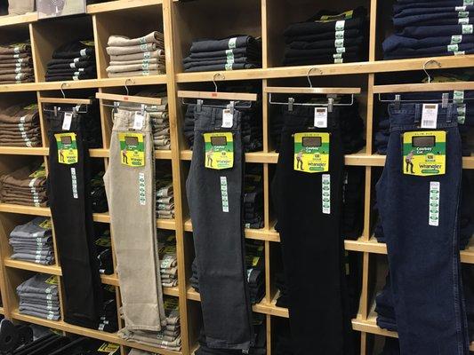 Wrangler jeans and polyester available.