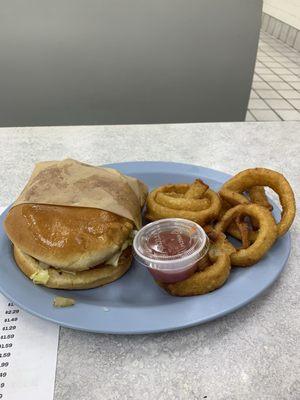 My spicy burger and onion rings was great! I'll be back.