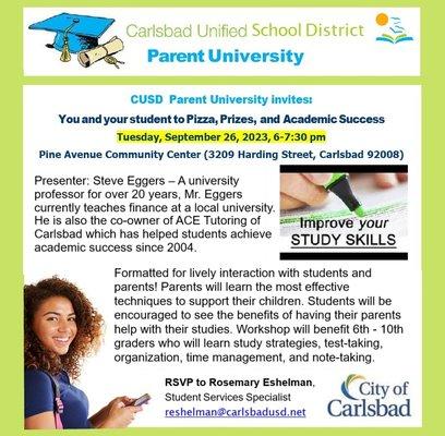 CUSD Parent University invites families to Pizza, Prizes, & Academic Success at the "ACE Study Skills Boot Camp"!