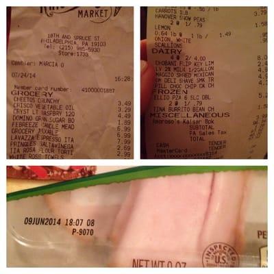 A picture of the receipt and date of purchase and a photo of the turkey's use by date.