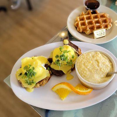 Surf and Turf Benny with Side of Cheesy Grits (Crab Cake and Steak)