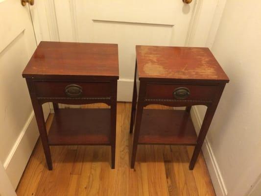 This is what my 60+ year old mahogany bedside tables looked like before dropping them off with Jerry at Top Notch.