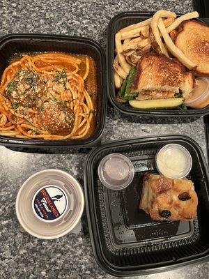 Spaghetti & Meatballs, Grilled Salmon BLT Sandwich Brioche Bread Pudding