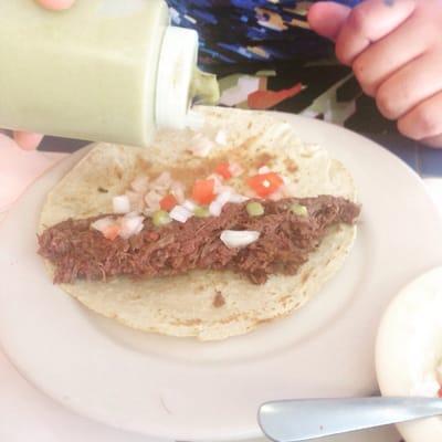 Delicious Barbacoa tacos on giant freshly made corn tortillas.